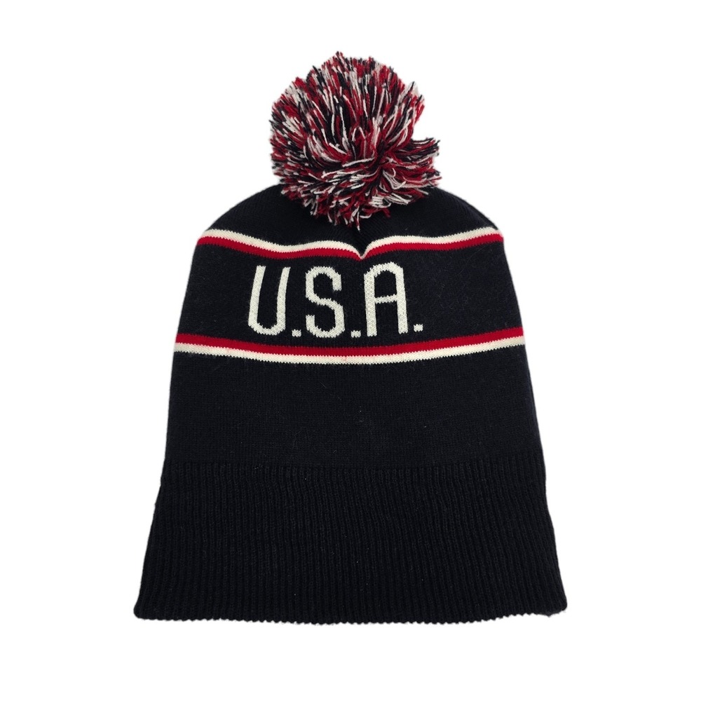 American Eagles Outfitters USA Winter Hat Beanie Pom Pomโ Navy Red Patriotic